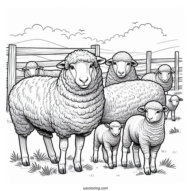 Flock Of Sheep Standing In Paddock Coloring