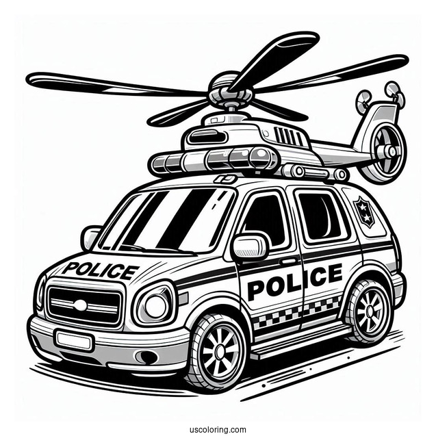 Helicopter Hovering Above A Police Car Coloring Page