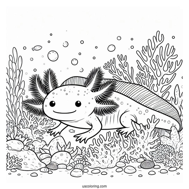 Swimming Axolotl Coloring Page Surrounded By Corals