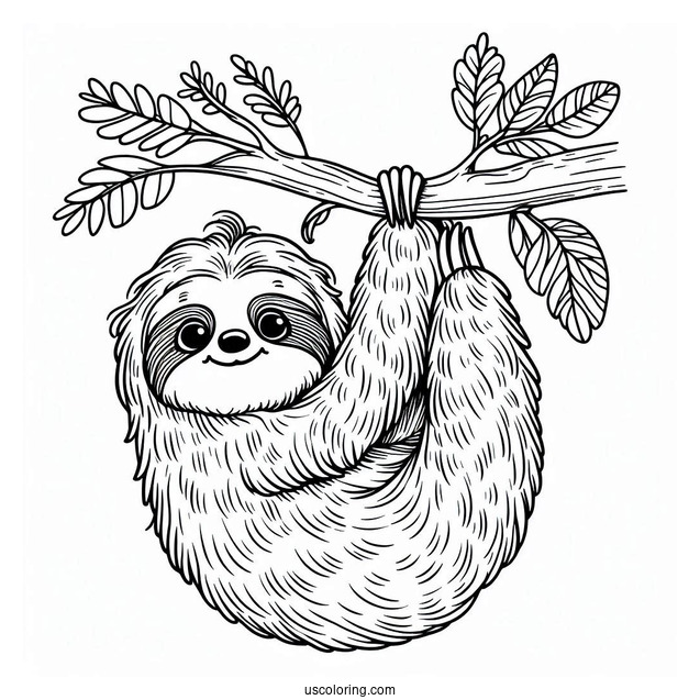 Cute Sloth Hanging From Tree To Color For Kids