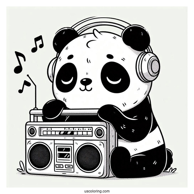 Retro Forest Panda Coloring Page Listening to Boombox