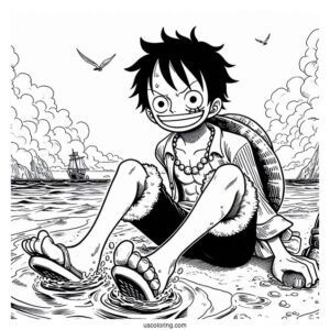 One Piece Coloring Page Of Monkey D. Luffy On Beach