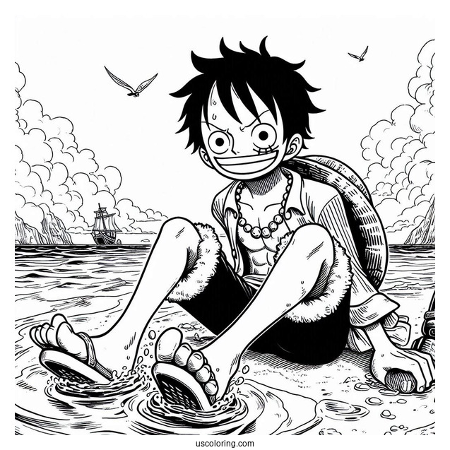 One Piece Coloring Page Of Monkey D. Luffy On Beach
