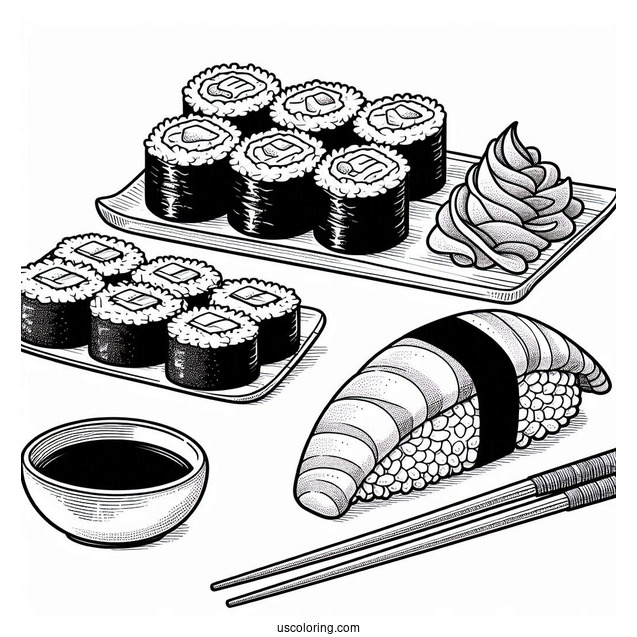 Uramaki, Nigiri, And Temari Sushi Coloring Pages With Chopsticks And Soy Sauce