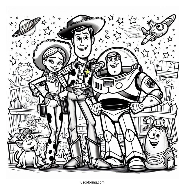 Pixar Coloring Page of Toy Story Woody, Buzz, And Jessie With Friends