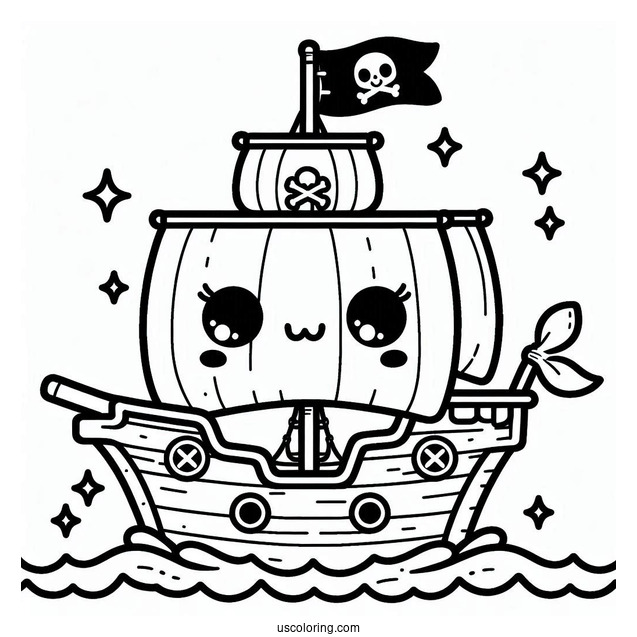 Kawaii Cartoon Pirate Ship Coloring Page For Preschoolers