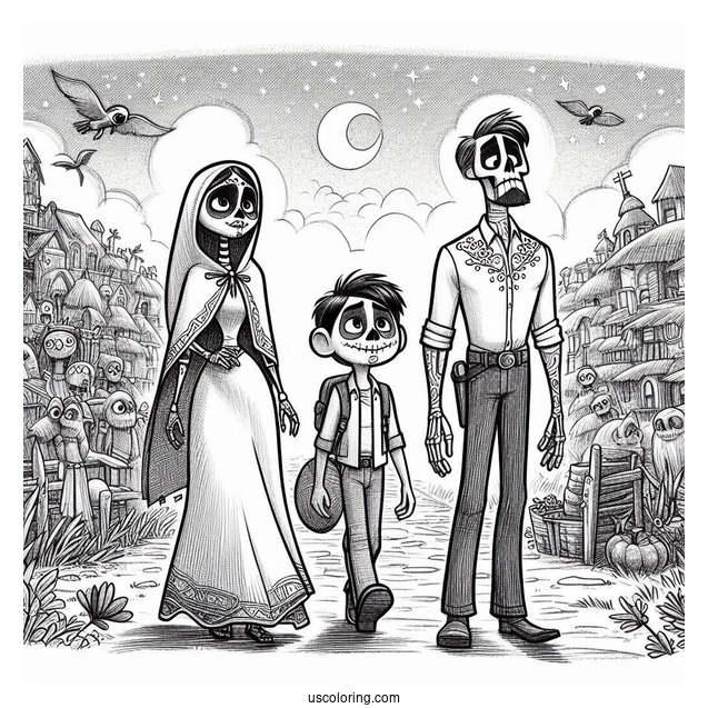 Pixar Coloring Page of Hector, Coco, And Dante In The Land Of The Dead