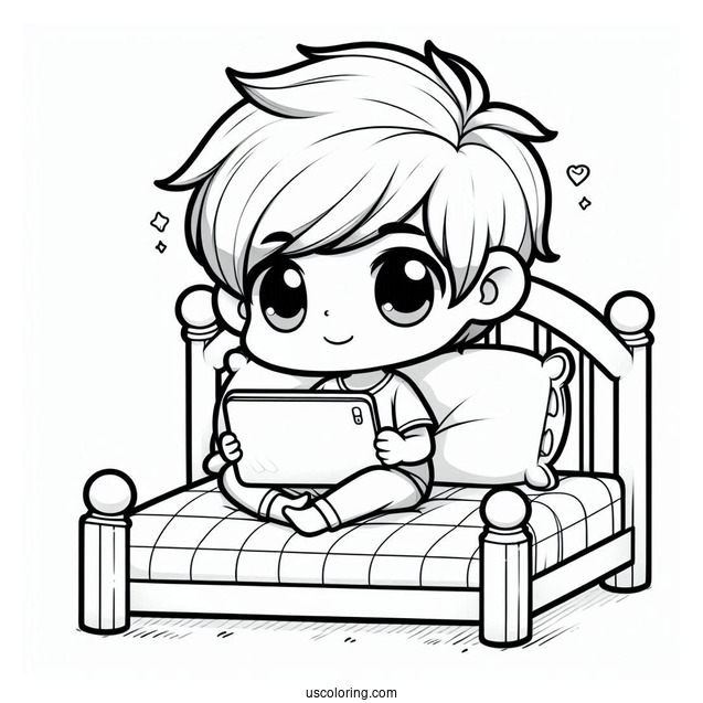 Chibi Little Boy Playing With His Tablet On His Bed