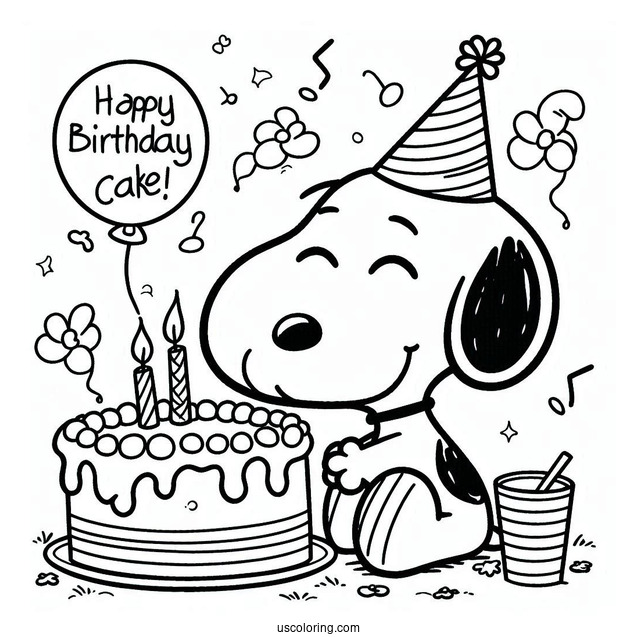 Snoopy With Happy Birthday Cake To Color