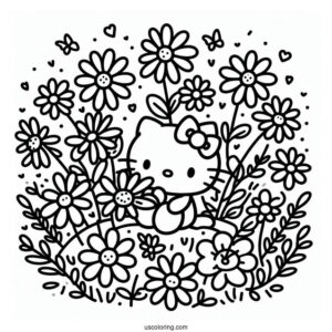 Simple Hello Kitty Surrounded By Daisies Coloring Page For Kids