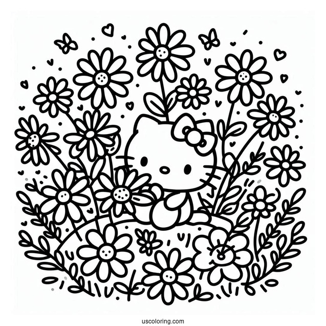 Simple Hello Kitty Surrounded By Daisies Coloring Page For Kids