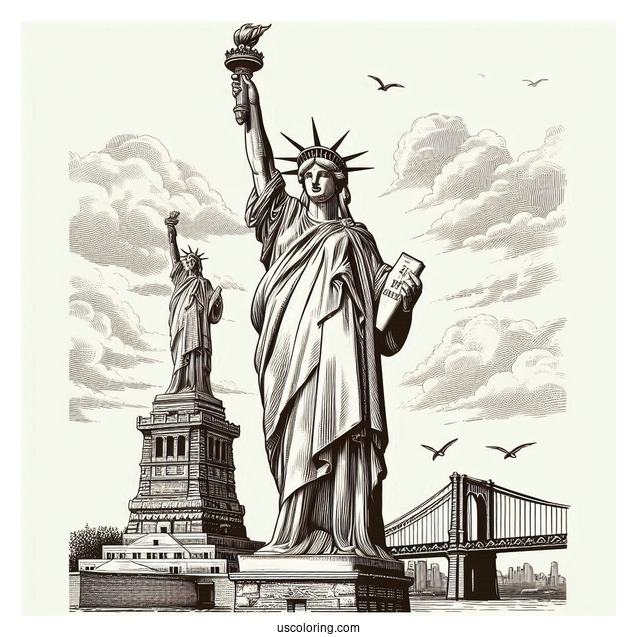 Vintage Statue Of Liberty With New York Coloring Page