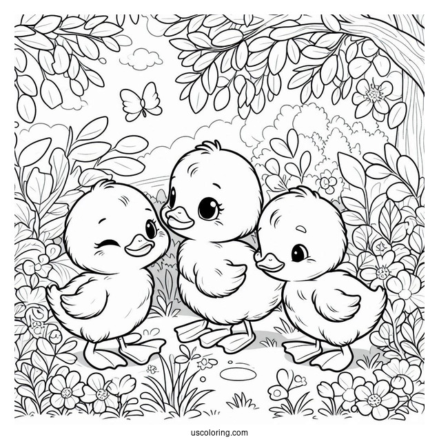 Three Little Ducklings In The Forest Coloring Sheet For Kids