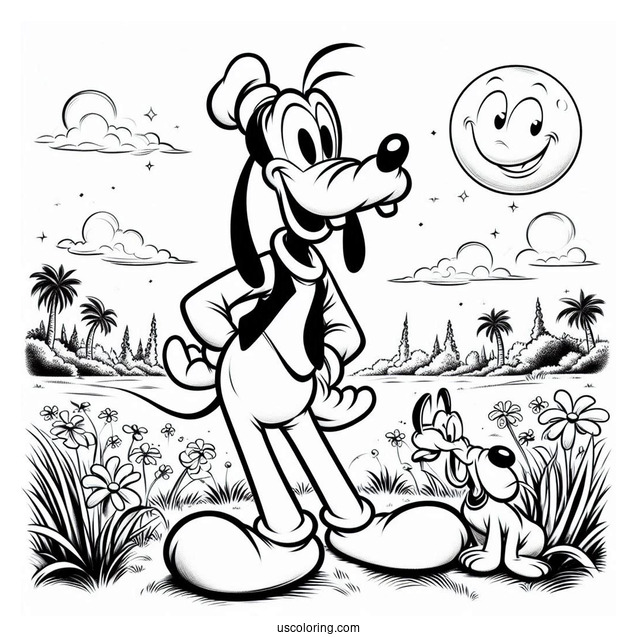Goofy Standing With Pluto Coloring Page In Field