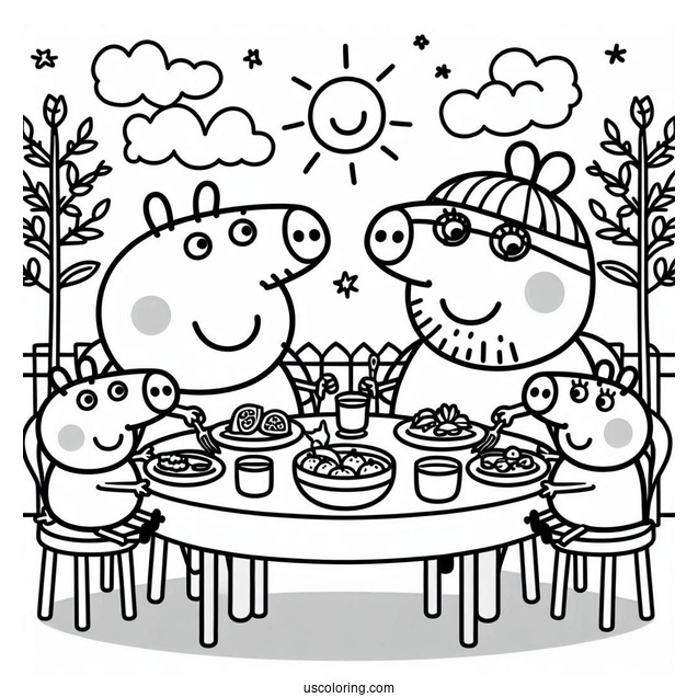 Peppa Pig Family Eating Dinner At Table Coloring