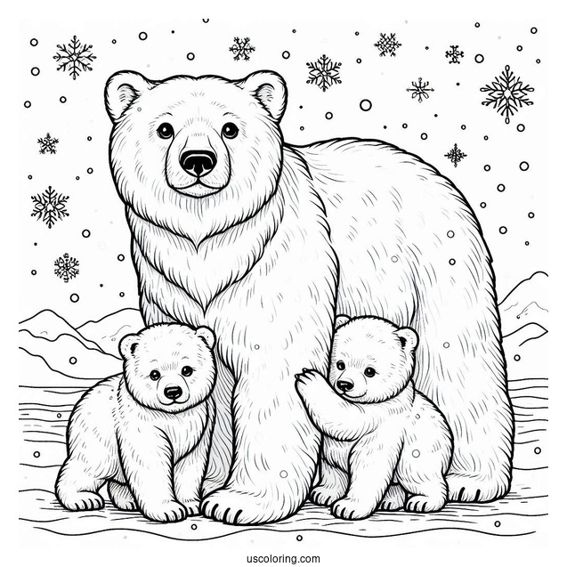 Polar Bear With Cubs On Snowy Day