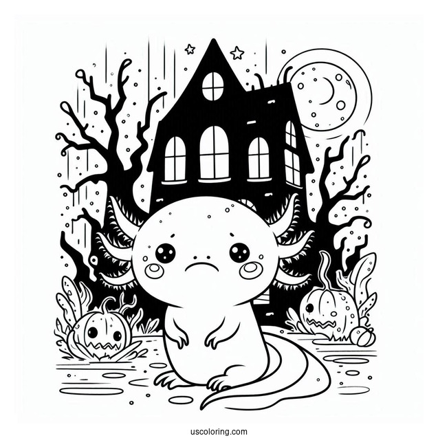 Sad Axolotl Coloring Page Outside A Haunted House
