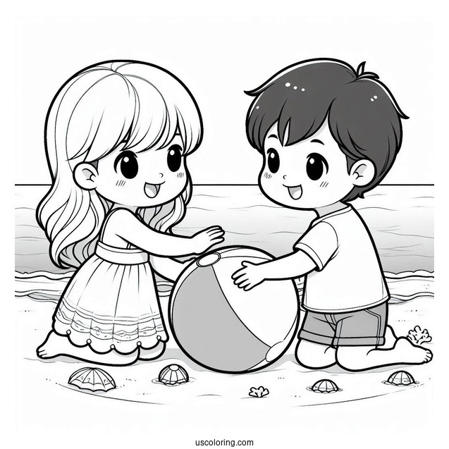 Two Kids Playing With A Beach Ball Coloring Sheet