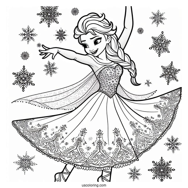 Dancing Elsa With Snow Flakes Coloring
