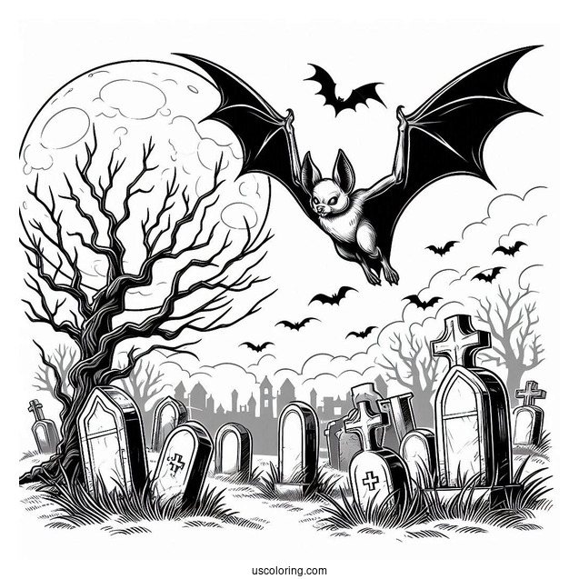 Large Bat Coloring Page Flying Over Tombstones Halloween