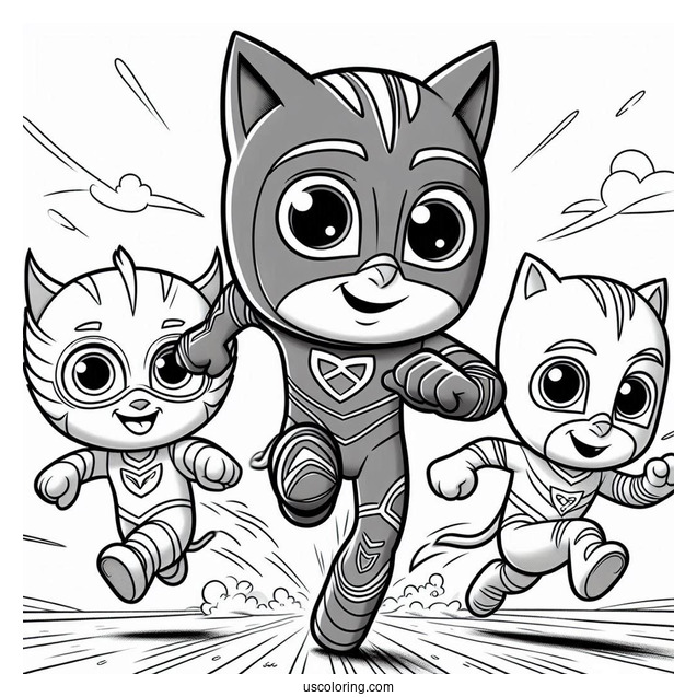 PJ Masks Coloring Page Of Owlette, Catboy, And Gekko Running Fast