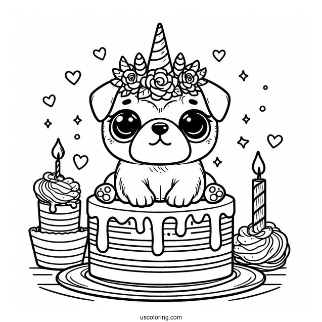 Unicorn Pug Themed Birthday Cake To Color