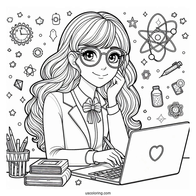 Nerdy Girl Studying Science Coloring Page On Her Laptop For Kids