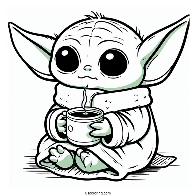 Cute Kawaii Baby Yoda Drinking Tea