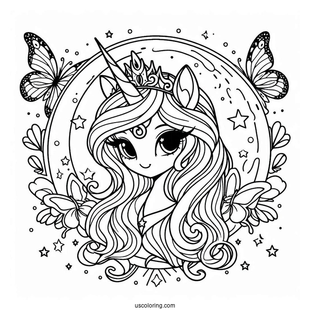 Princess Luna Coloring Page Surrounded By Stars And Butterflies