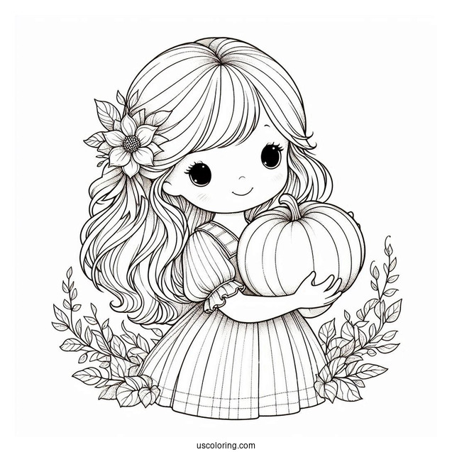 Precious Moments Coloring Page Of Girl Holding Pumpkin In Autumn