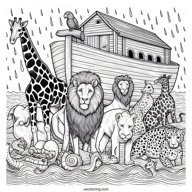 Noah's Ark Coloring Page Of Detailed Giraffe, Hippo, Snake, Lion, And Other Animals At Sea