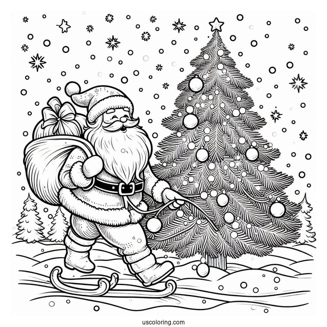 Santa Claus Hauling a Christmas Tree In The Snow