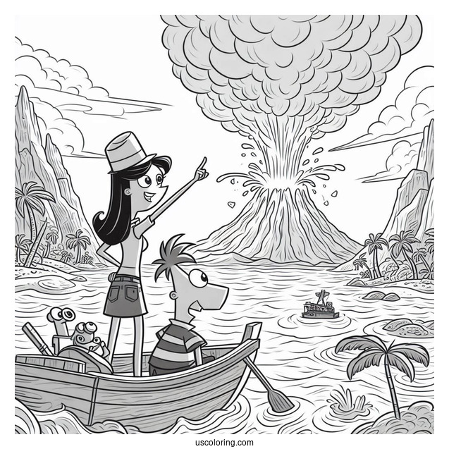 Phineas And Ferb Coloring Page With Isabella Watching Volcanic Eruption From Boat
