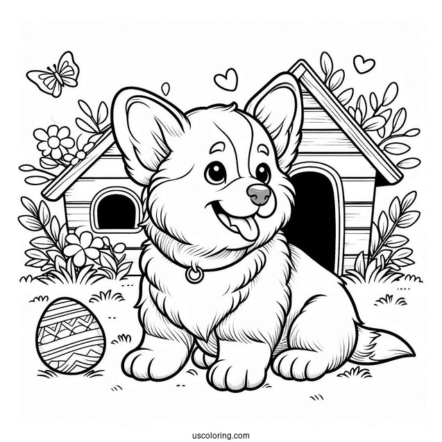 Corgi Puppy In Front Of Dog House