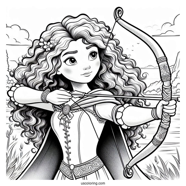 Pixar Coloring Page of Merida From Brave Holding Bow
