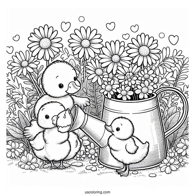 Spring Ducklings In A Watering Can Surrounded by Daisies Coloring Sheet