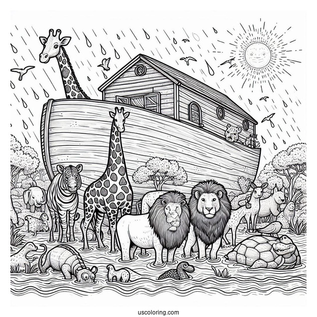 Noah's Ark Coloring Page Of Detailed Giraffe, Hippo, Snake, Lion, And Other Animals At Sea