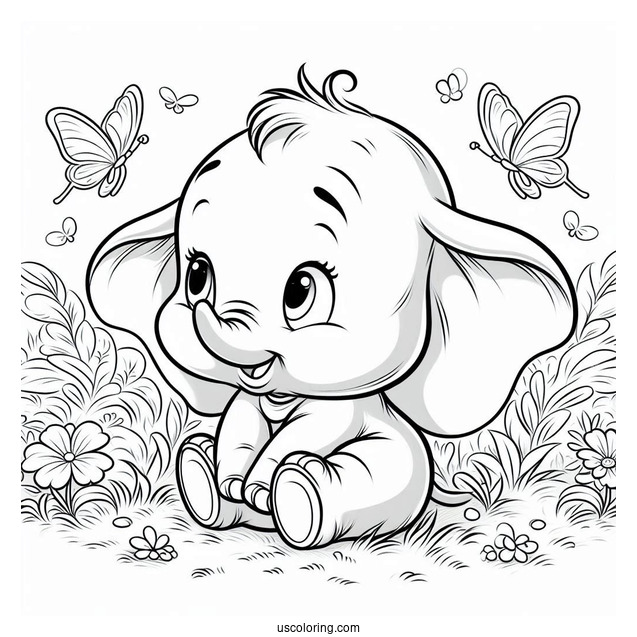 Cute Coloring Page Of Dumbo Sitting On Grass