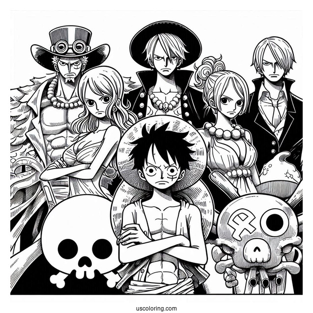 One Piece Coloring Page Of Luffy, Nico, Sanji, Zoro, Nami, Chopper, And Usopp