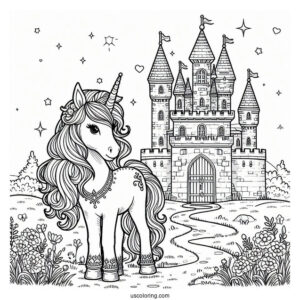Beautiful Unicorn Standing Outside Of A Castle Coloring Page