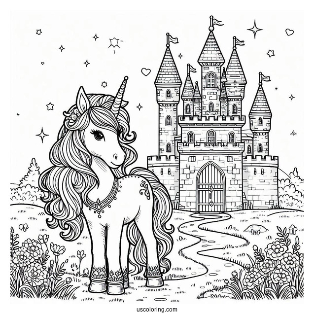 Beautiful Unicorn Standing Outside Of A Castle Coloring Page
