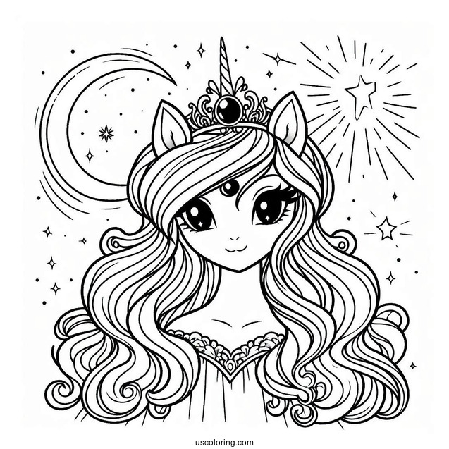 Princess Luna Coloring Page Wearing Crown With Starry Background