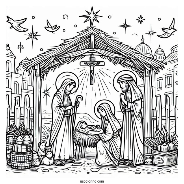 Easy Nativity Coloring Page Scene For Kids