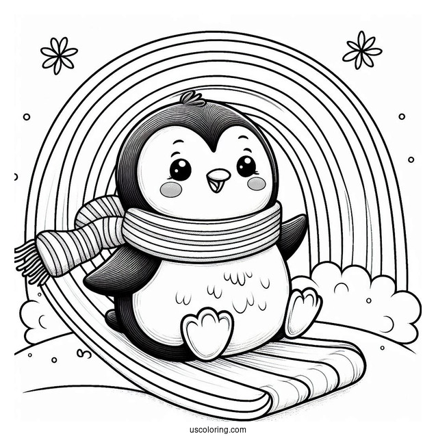 Cute Penguin With A Scarf Sliding Down A Rainbow