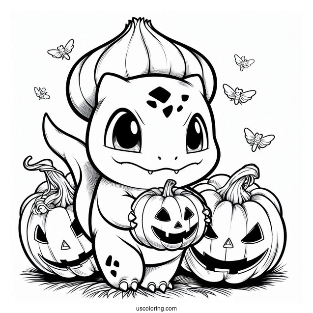 Bulbasaur Coloring Page Carrying Jack O Lantern On Halloween