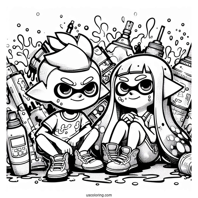 Splatoon Coloring Page Of Orange Inkling Boy Sitting Next To Blue Inkling Girl After Battle