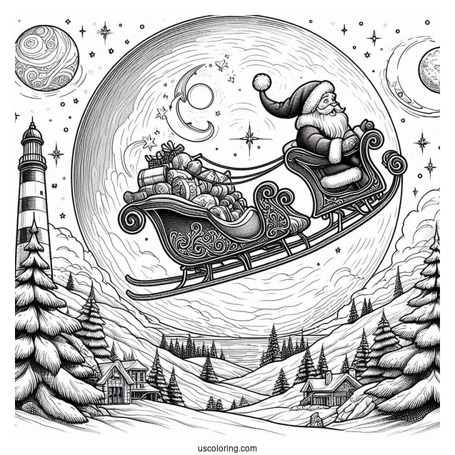 Polar Express Coloring Page Of Santa Claus On His Sleigh Flying Over The North Pole