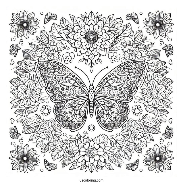 Butterfly Coloring Page On Pretty Flowers Inside A Floral Mandala