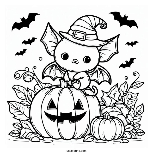 Small Bat Coloring Page Sitting On Jack O Lantern Halloween