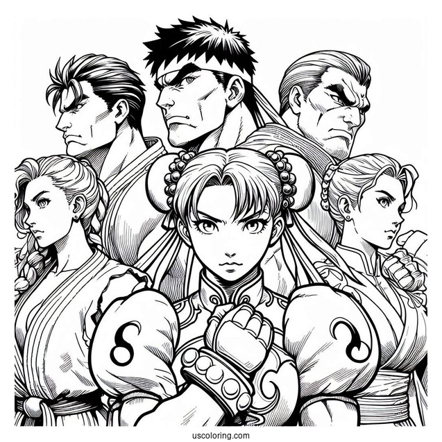 Street Fighter Coloring Page Of Ryu, Lucia, Chun Li, Urien, Rose, And M Bison